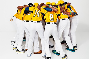 Group of young baseball players in huddle.