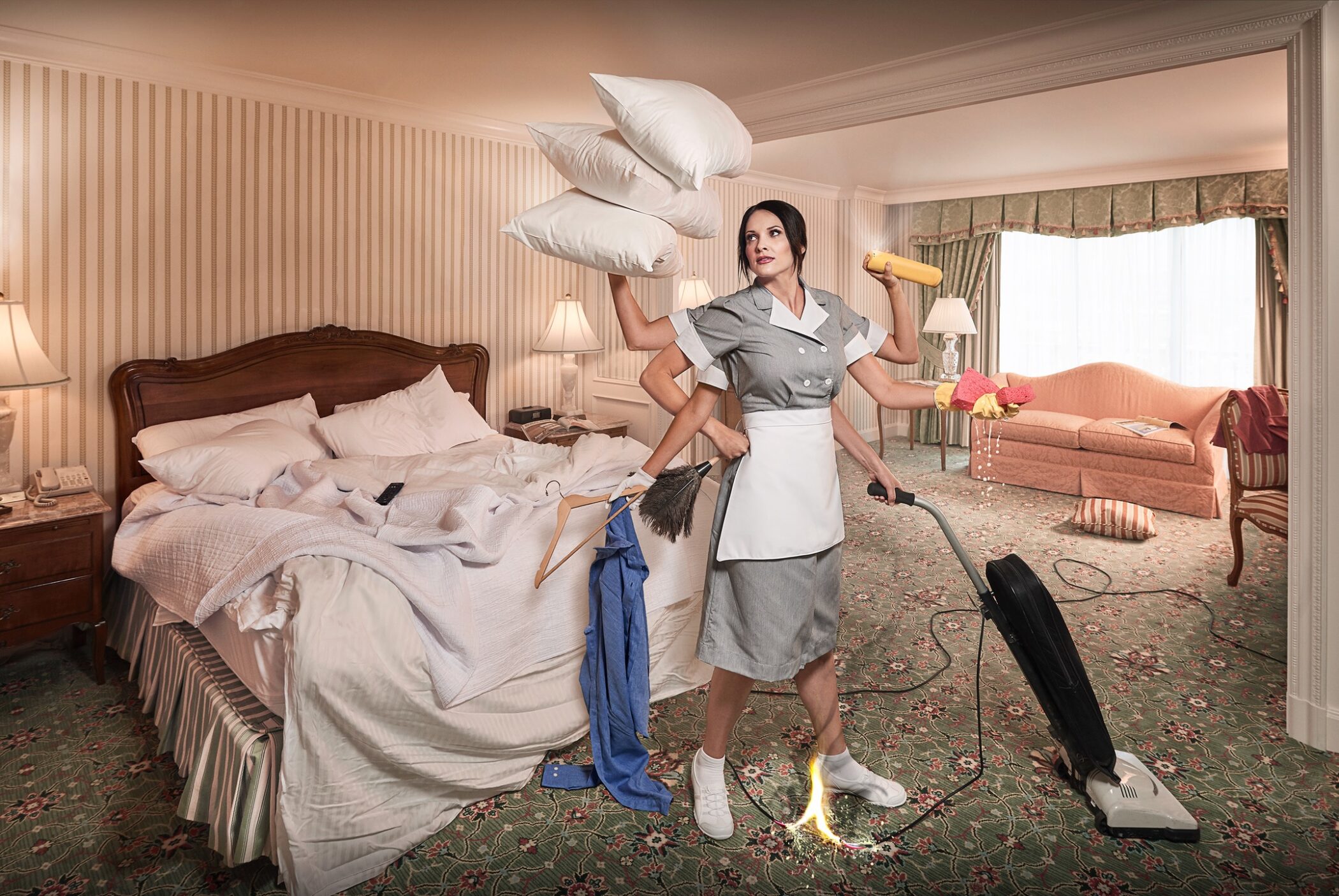 CGI'd conceptual photo of maid multitasking